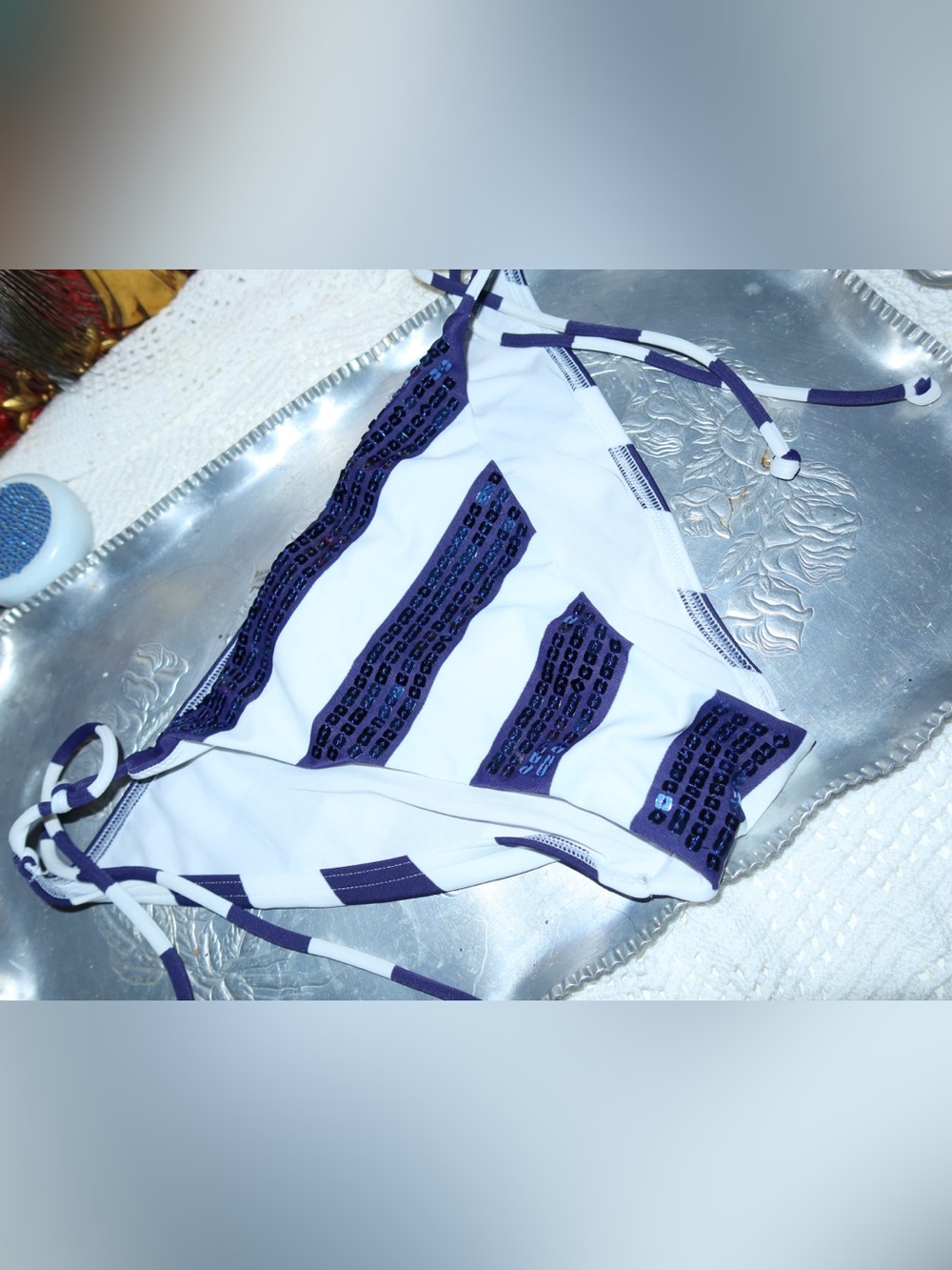 Victoria’s Secret White Bikini Bottom with Navy Sequin Stripes